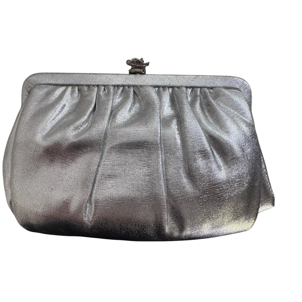 Vintage Admiral Metallic Silver Rose Clasp Clutch Purse